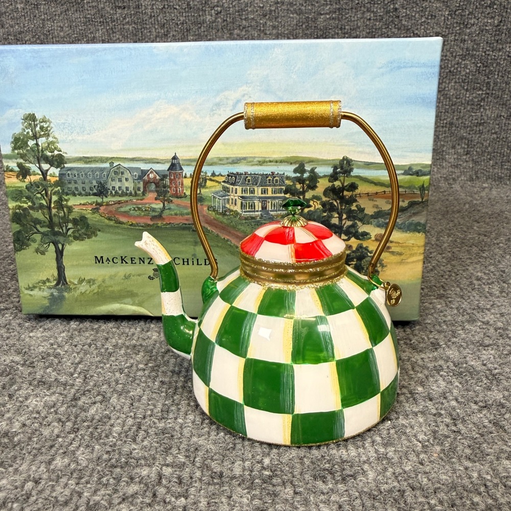 MacKenzie Childs Ornament Holiday Tea Kettle Emerald Green White Check Christmas